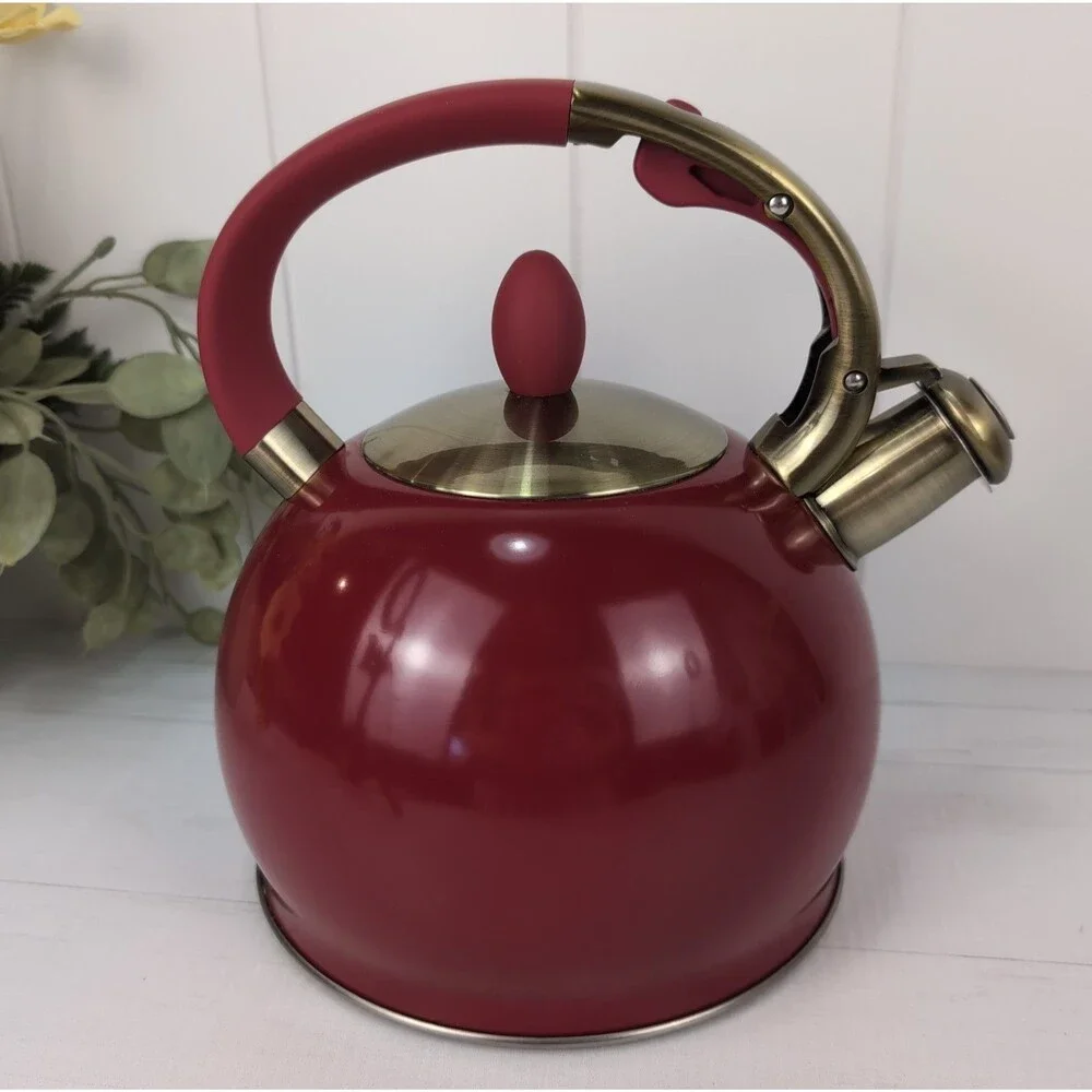 Whistling Tea Kettle Red Susteas Stovetop Teapot 3 Qt Stainless Steel